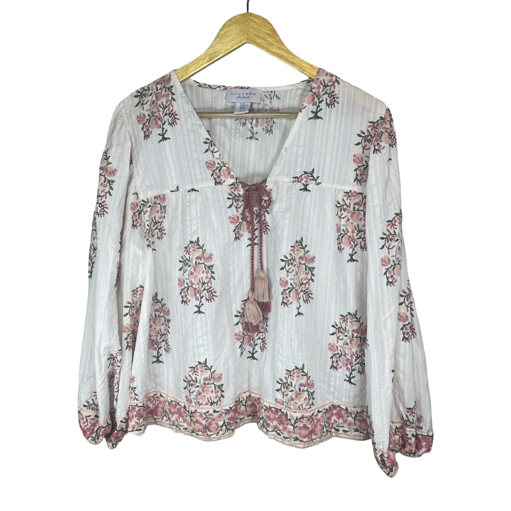 Calypso St Barth Womens XL Floral Cotton Peasant Blouse Tassel‎ Tie Boho Cottage